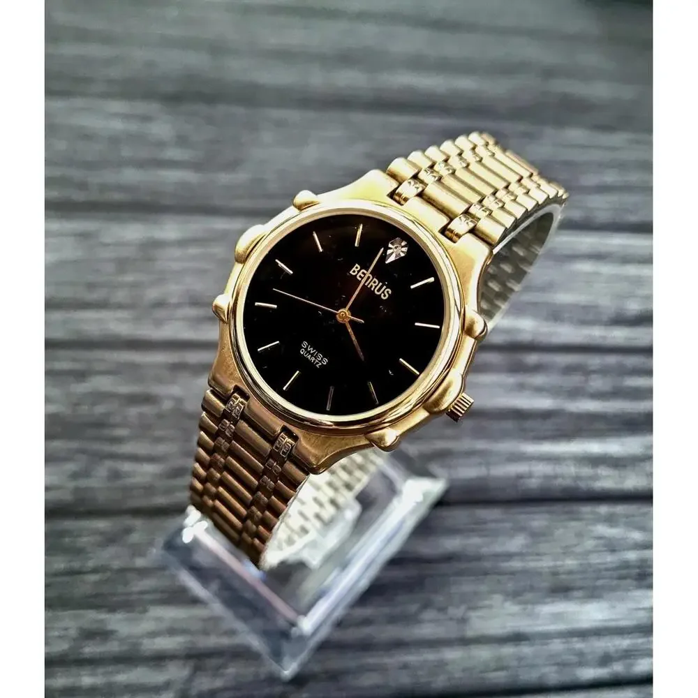 Rare‎ Vintage Benrus Swiss Diamond Executive Gold Tone Watch